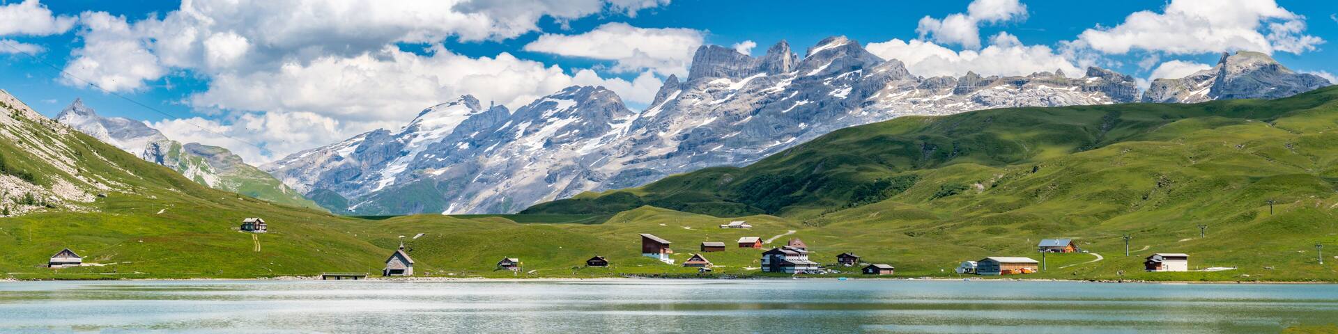 Switzerland 2022, Beautiful view of the Alps and Blue Sky around Titlis mountain. Melchsee-Frutt panorama.