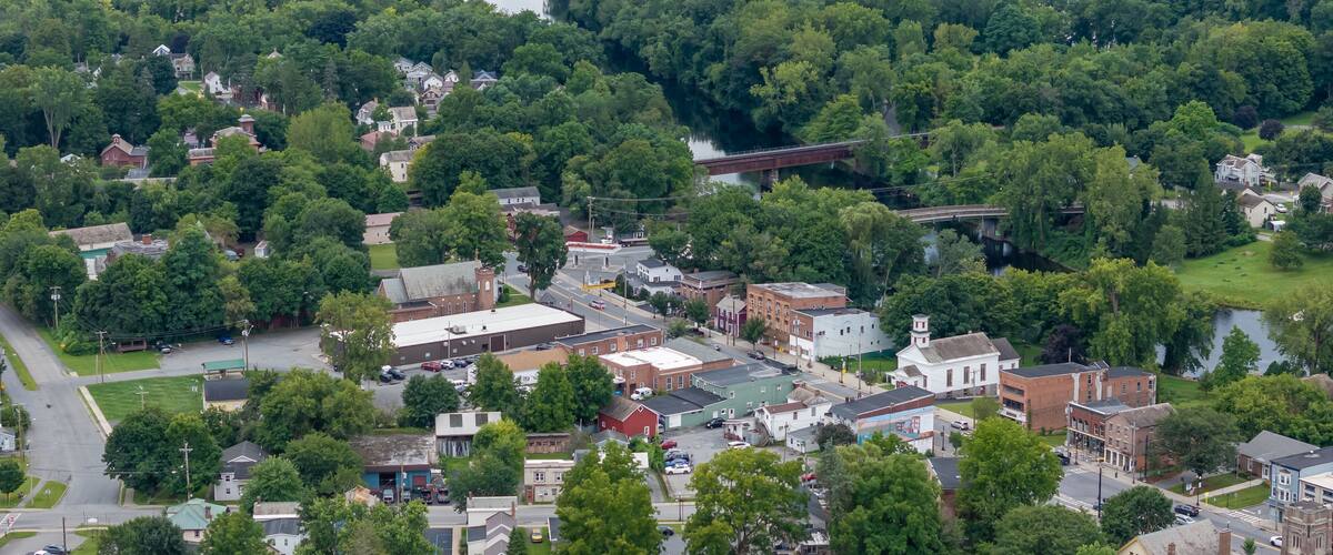 August 20 2024, Sunny afternoon summer aerial image of the area surrounding Fort Edward, NY, USA