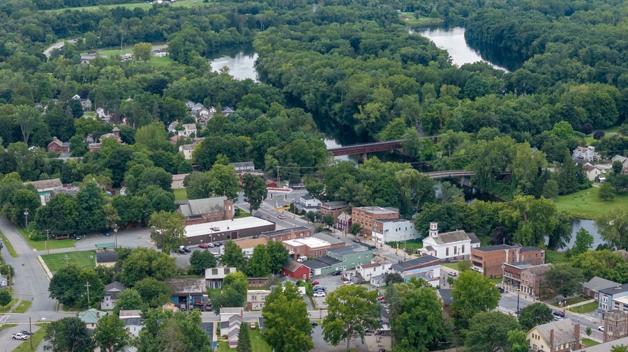 August 20 2024, Sunny afternoon summer aerial image of the area surrounding Fort Edward, NY, USA