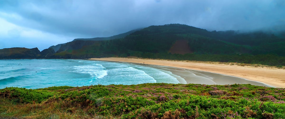 A coastal landscape with a sandy beach, ocean waves, and a forested hill.