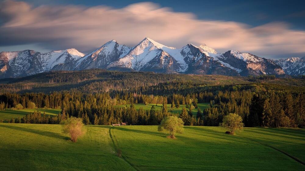A mountainous landscape with snow-capped peaks, a forested valley, and a green field.