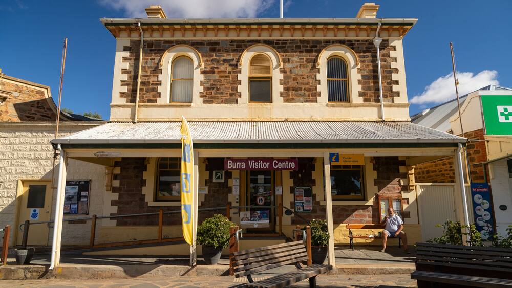 A historic building with a sign reading "Burra Visitor Centre".