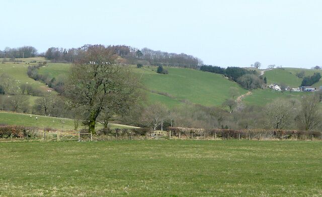 Carmarthenshire farmland near Ffaldybrenin About three miles south-east of Lampeter. The buildings at Alltgoch are on the right.