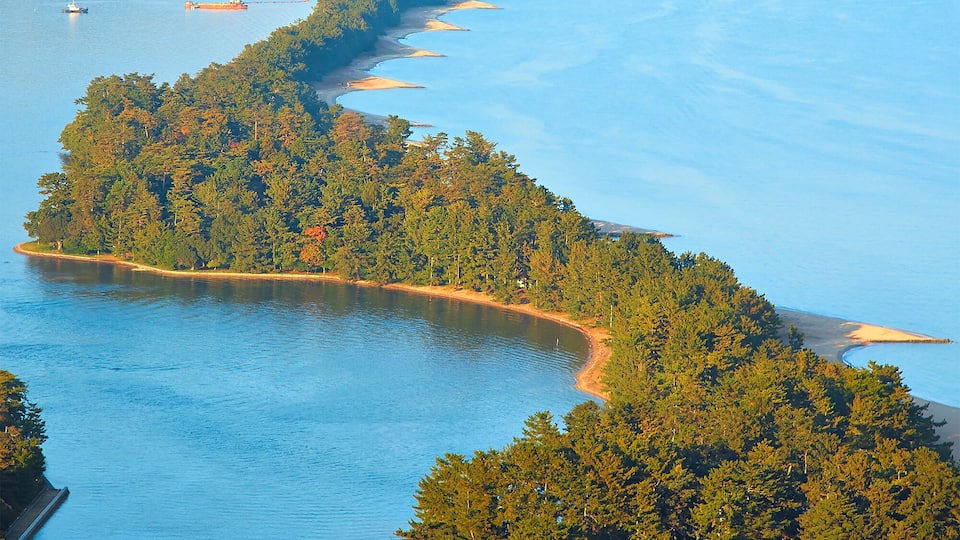 A coastal town with a river, forested islands, and a distant mountain range.