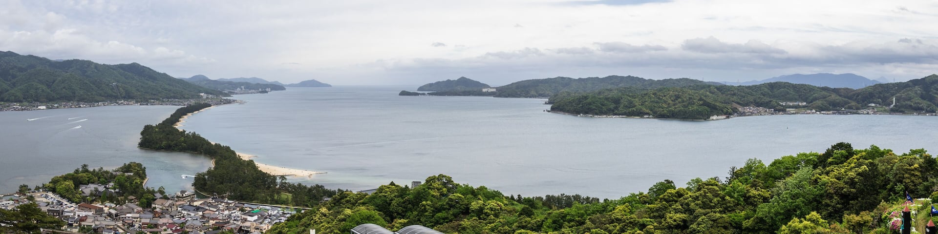 Panorama of Amanohashidate "Heaven Brigde" with Miyazu Bay and Islands in a green Landscape. Miyazu, Japan, Asia.