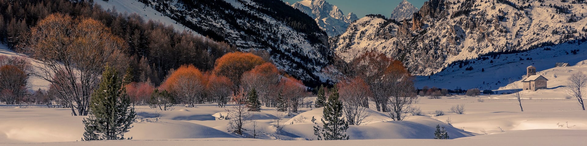 A snowy mountain landscape with autumn-colored trees and a clear sky.