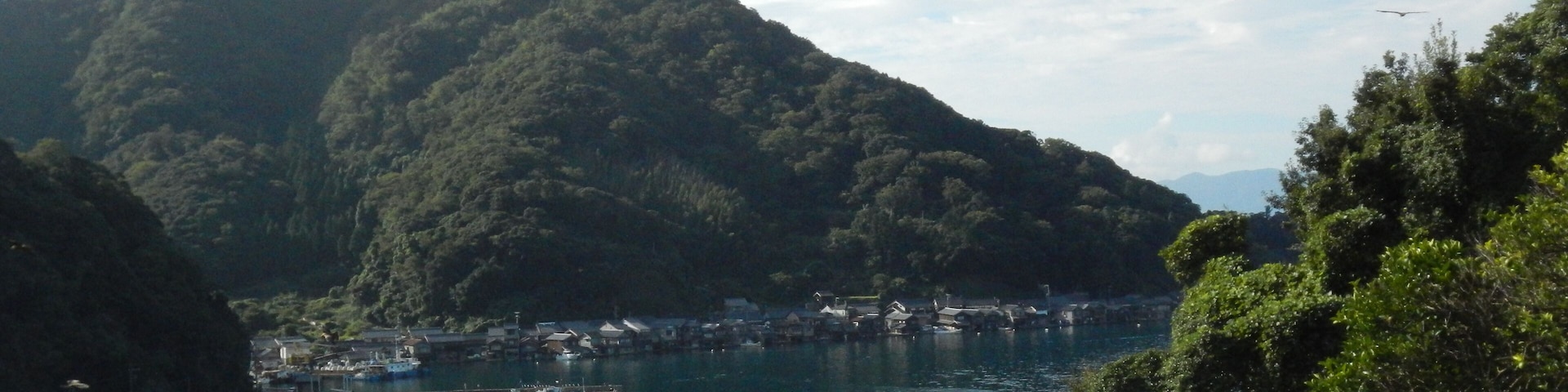 Un lago tranquilo rodeado de colinas verdes exuberantes y un pequeño pueblo con barcos amarrados a la orilla.