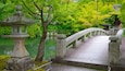Un puente de piedra sobre un río tranquilo, rodeado de vegetación exuberante y arquitectura japonesa tradicional.