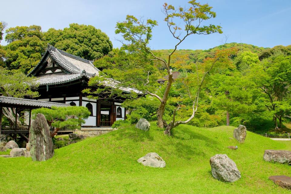 Ein traditioneller japanischer Tempel, umgeben von üppigem Grün und großen Felsen.
