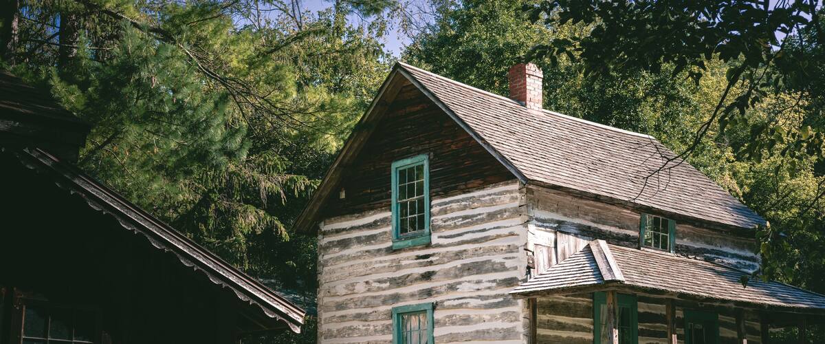 A rustic log cabin with green shutters, surrounded by lush greenery and trees.