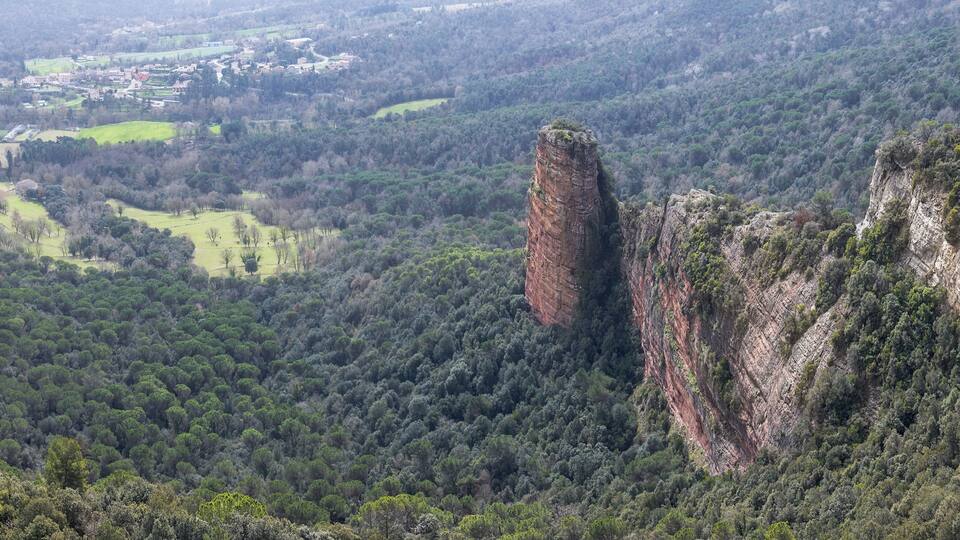 A forested valley with a prominent rock formation.