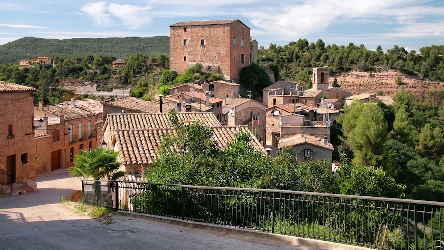 Uma cidade histórica com edifícios de telhados em terracota, uma torre imponente e vegetação exuberante.