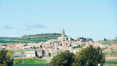 View of a village with the parish church of Sant Jaume de Calaf in the background. Villages of Catalonia. Village located in the region of Noya, Alta Segarra.