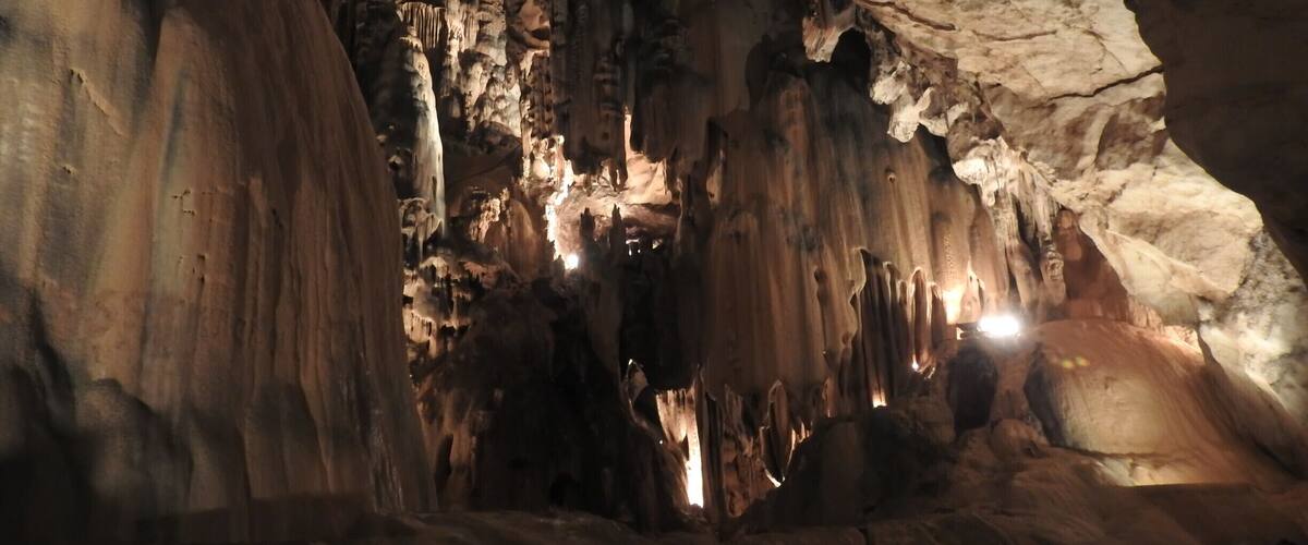 A cave with stalactites and stalagmites.