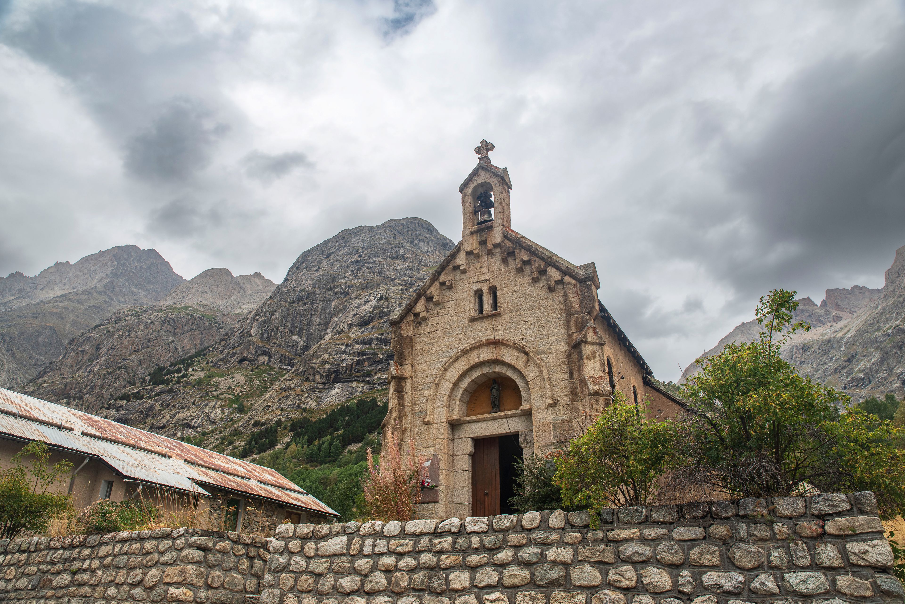 Old little church of La Bérarde in the village of Saint-Christophe-en-Oisans in the Ecrins National Park in the Alps in France