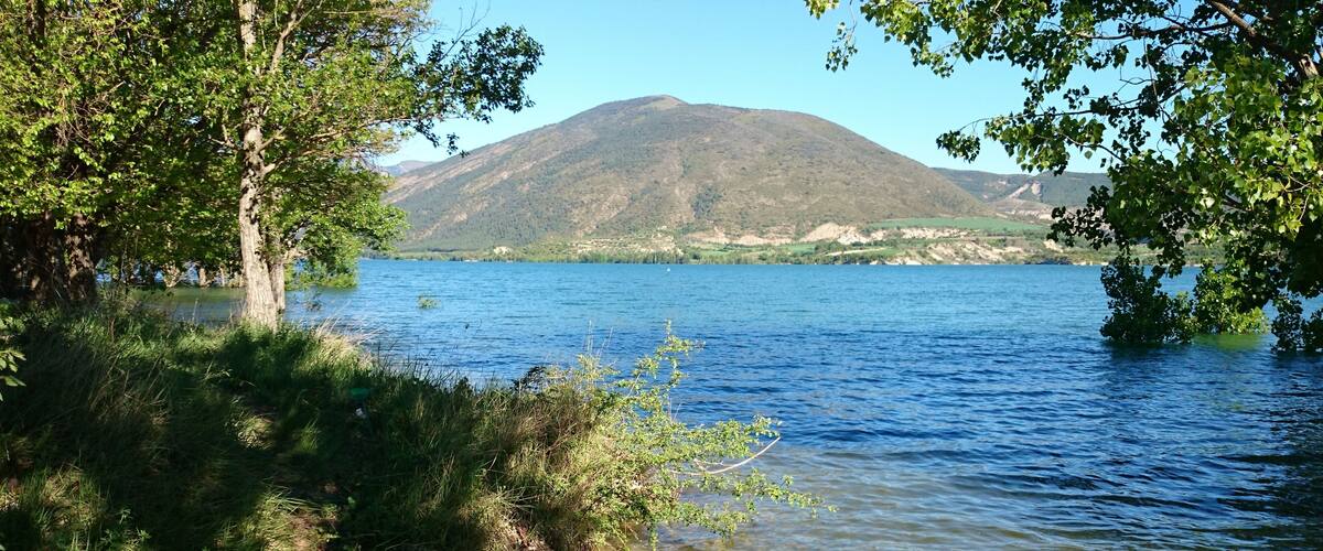 A lake with clear water, surrounded by trees and a mountain in the background.