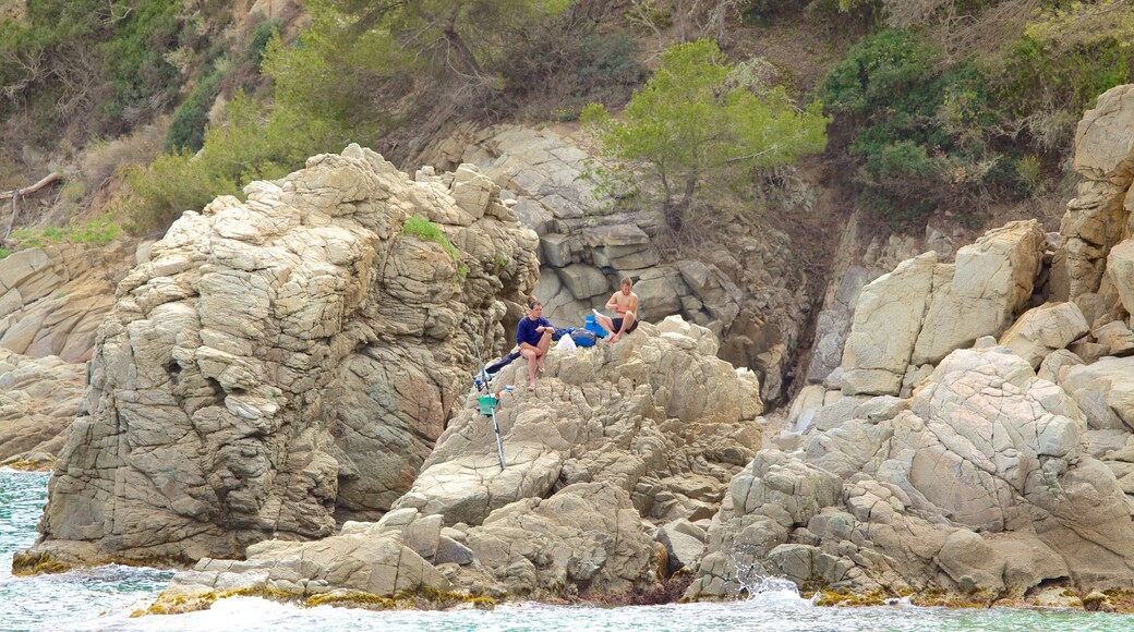 Treumal Beach showing rocky coastline and general coastal views as well as a small group of people