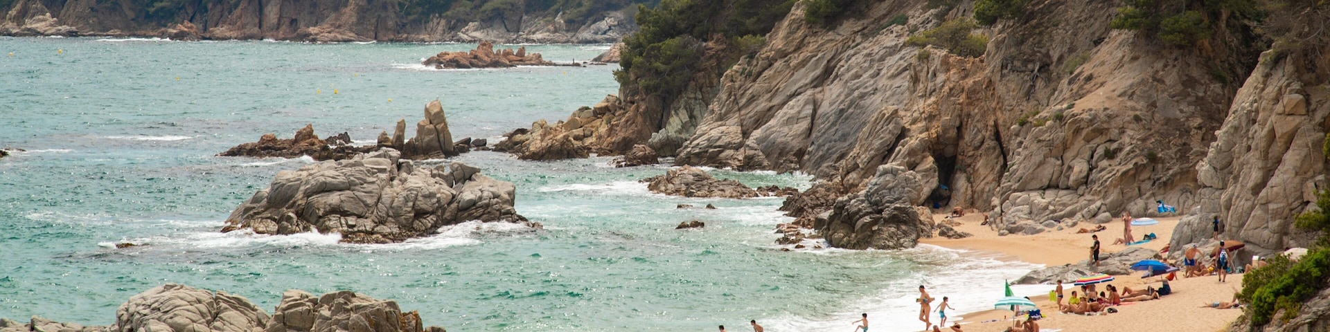A rocky beach with people sunbathing and swimming.
