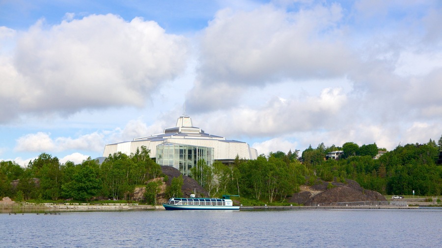 Science North featuring general coastal views and boating