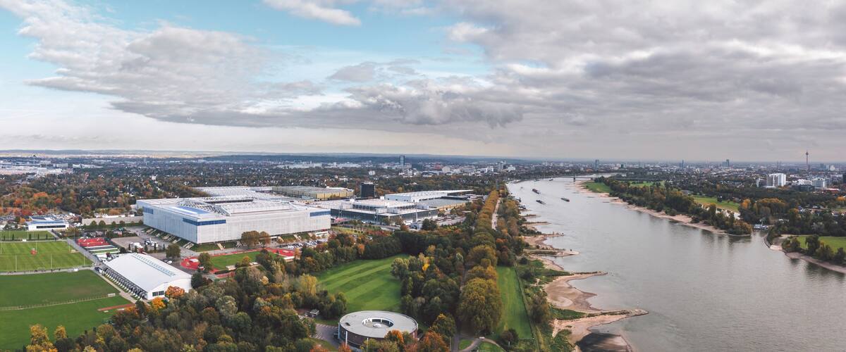 Skyline cityscape of Dusseldorf, Germany. Aerial autumn view of Stockum commercial area.