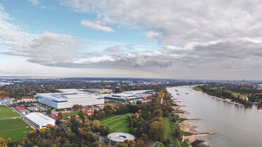 Skyline cityscape of Dusseldorf, Germany. Aerial autumn view of Stockum commercial area.