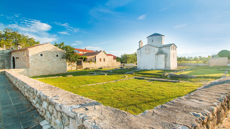 PHAX50 Medieval church of Holy Cross from 9th century and archaeological site in historic town of Nin, Dalmatia, Croatia