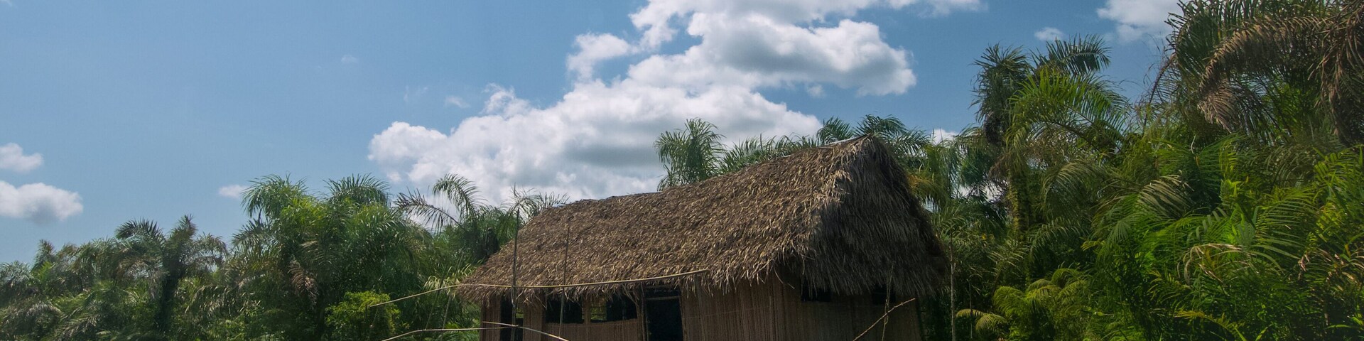 Una casa con techo de paja sobre pilares a orillas de un río, rodeada de abundante vegetación.