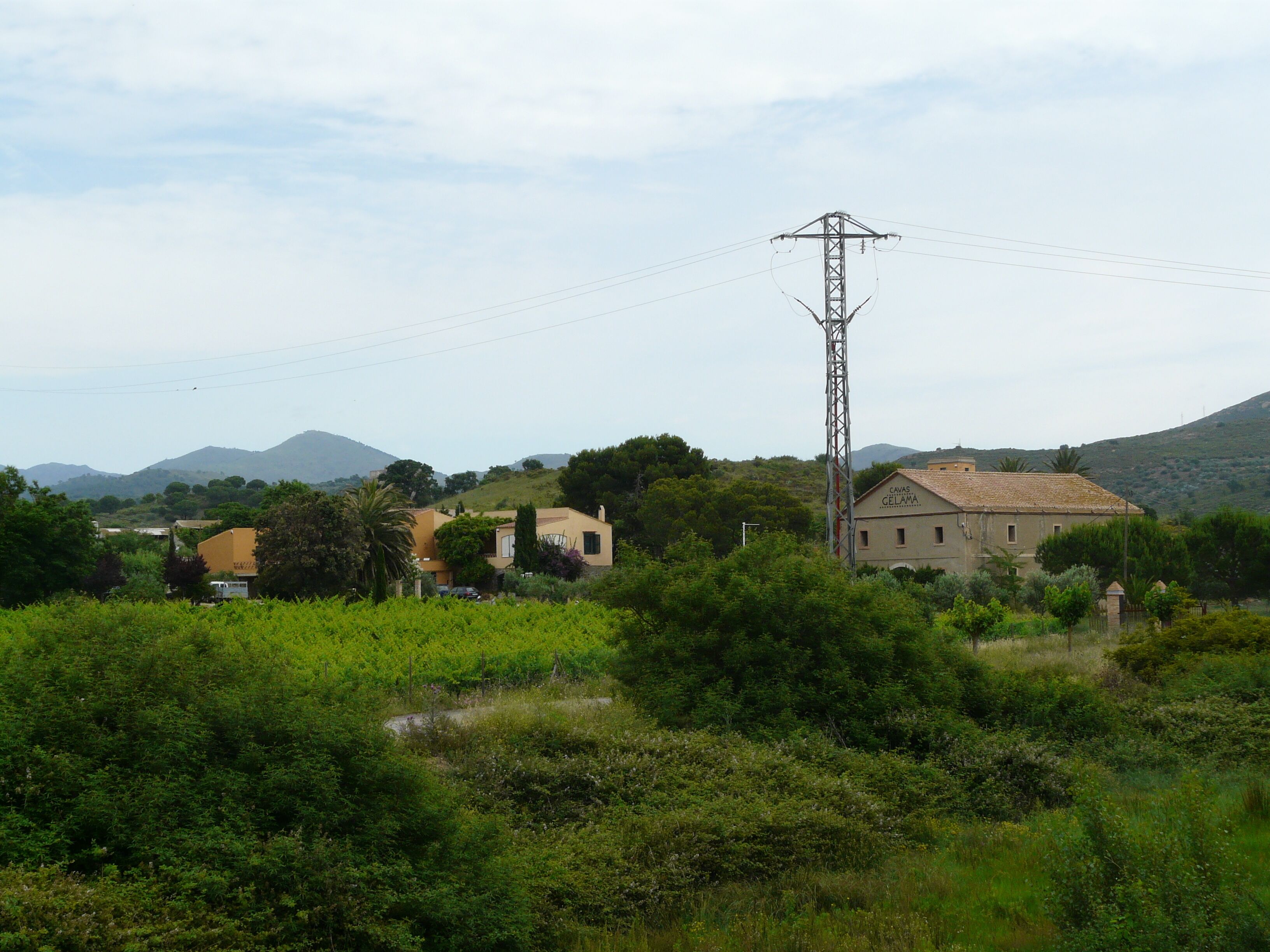 A rural landscape with houses, a power line tower, and mountains in the background.