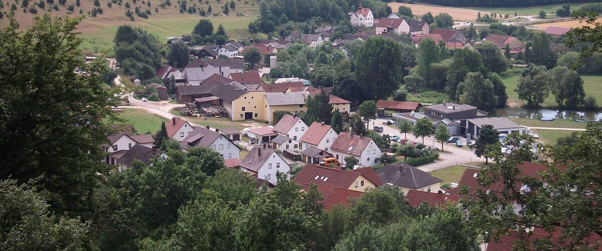 A village with houses, a church, and a river.