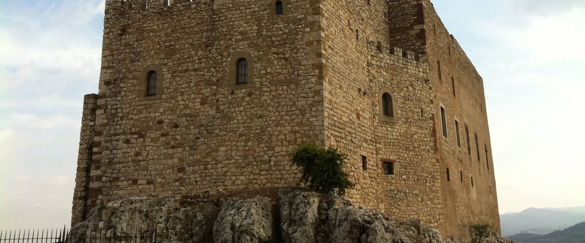 A historic stone castle with battlements, arched windows, and a fortified entrance.