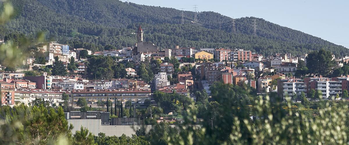 A town nestled against a forested hillside with a prominent church and power lines.
