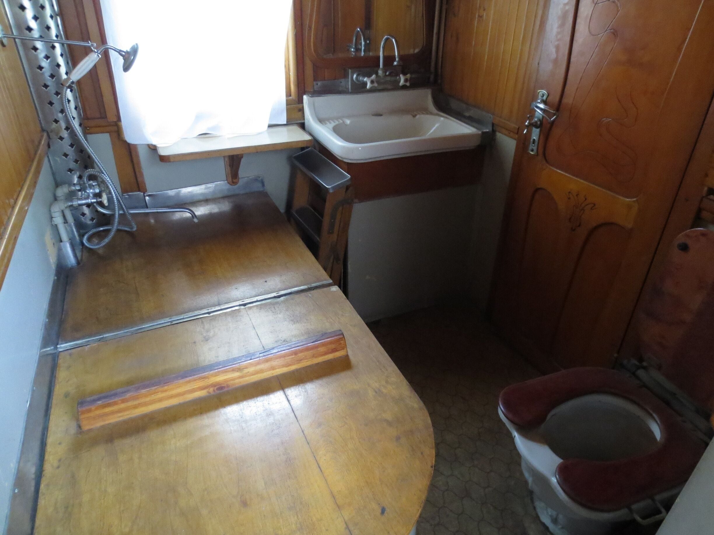 The bathroom of Stalin's railroad car.  A visit to the Joseph Stalin Museum in Gori, Georgia also includes a tour of Stalin's old railway car.

Stalin was terrified of flying, and apparently went everywhere he needed to go in a bulletproof train.

This is the train that Stalin took to a whole host of conferences during World War II.  