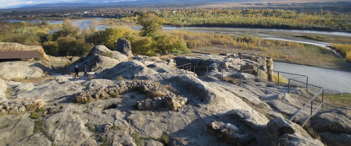 View from Uplistsikhe in the country of Georgia.
Uplistsikhe is an extremely old rock and cave complex located a few kilometers outside of Gori, Georgia.
This is the view looking out - extremely chilly wind, with snow on the hills in the distance.
