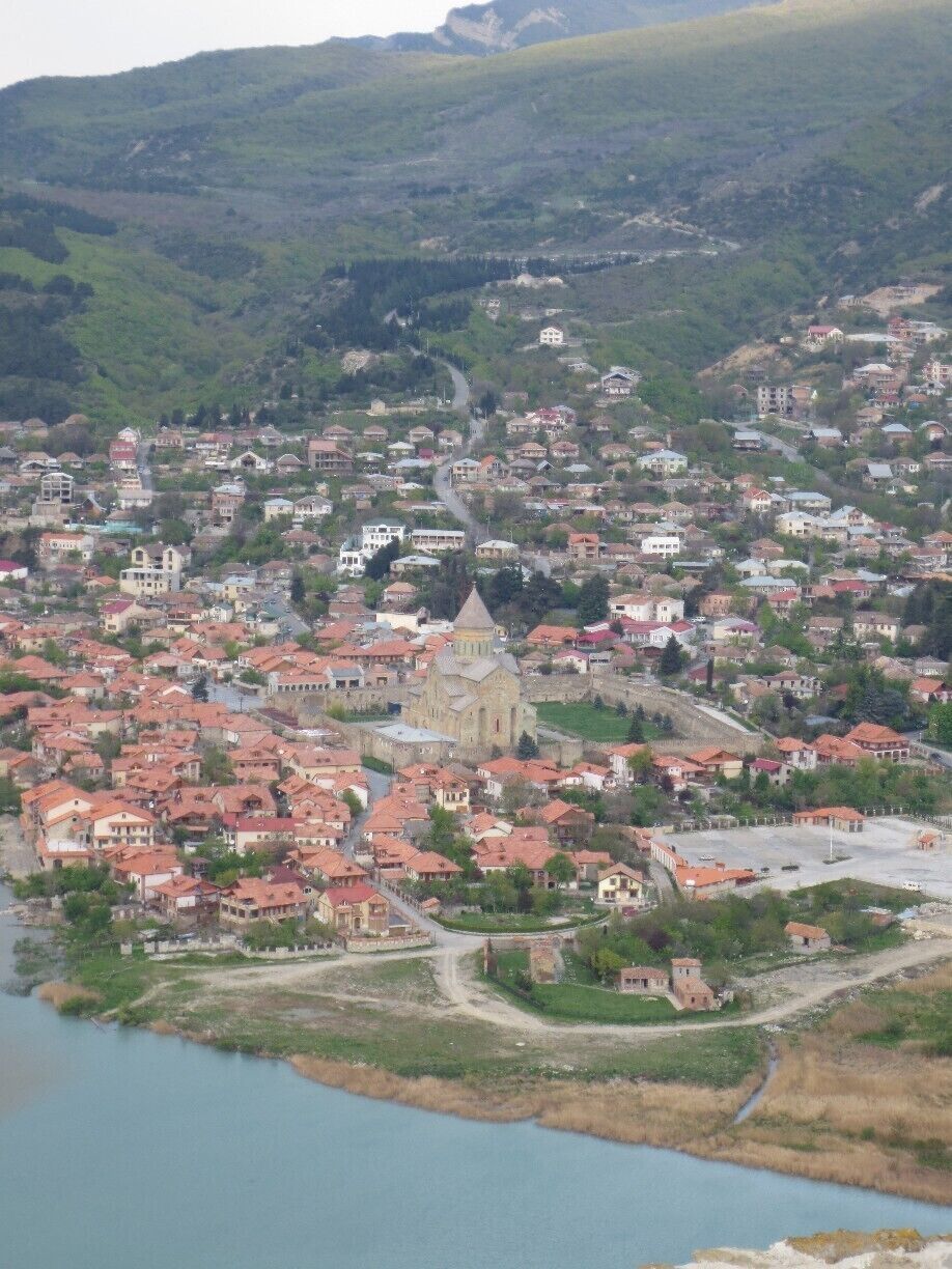 View of the city of Mtskheta, Georgia.

The Svetitshoveli Cathedral in is the center of the picture.