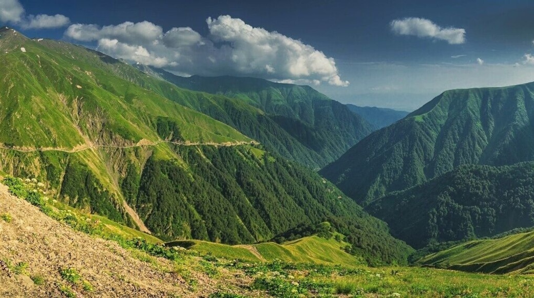 July 2010
Near Abano Pass, Kakheti region, Georgia
View southeast of the road from Kvemo Alvani village in Kakheti region to Omalo in Tusheti region. This is the first range of Caucasus from south. The road is mere 50 km, but it takes 5 hours with 4WD Lada Niva or UAZ jeep to ascend and descend the Abano pass in altitude 2.950 meters. The road goes up along the river in the forrests and finally through green meadows to Abano pass, crossing dozens of water streams on the way and offering breathtaking sceneries to the valley behind all the time... 2.600 meters up, 1.300 meters down to Omalo in Tusheti.