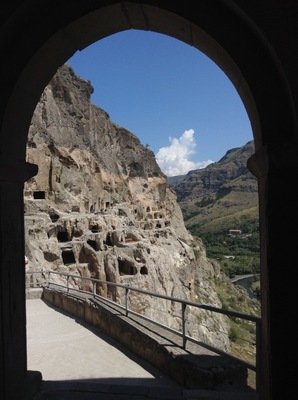 Vardzia is a cave monastery site in southern Georgia. The site, excavated from the Erusheti Mountain, dates to the 12th century. Absolutely amazing place, and is worth a visit when in Georgia.
There is a restaurant and hotel next to the river at the base of the mountain.
Journey time from Akhaltsikhe is 1 hour by car.
http://www.greengoulash.com/vardzia/
