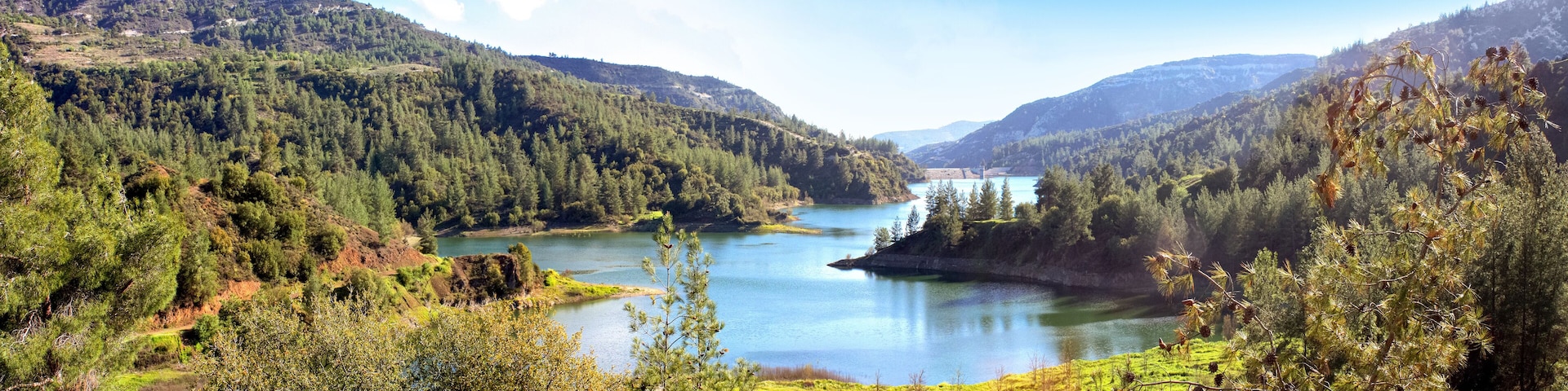 Panoramic view of the Arminou Reservoir on the Dhiarizos River at the Troodos Mountains in the Paphos District, Republic of Cyprus