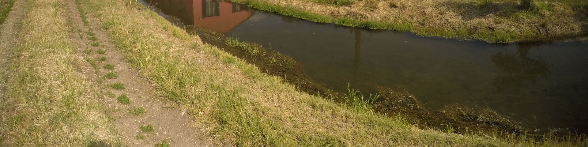 A rural landscape with a canal, a pink house, and a traditional building.