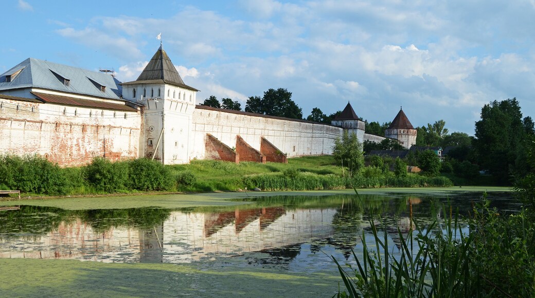 Eine historische Festung mit einem Burggraben, Ziegelmauern und blauem Himmel.