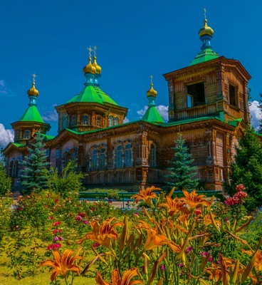 The stunning and spectacular Russian Orthodox Holy Trinity Cathedral in Karakol, Kyrgyzstan.