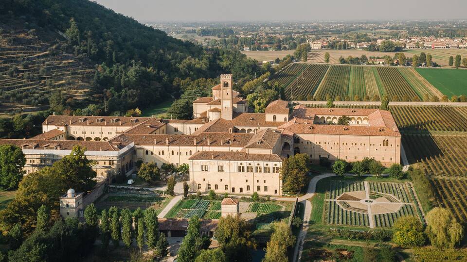 A large historic building complex with a prominent tower, surrounded by terraced vineyards and lush greenery.
