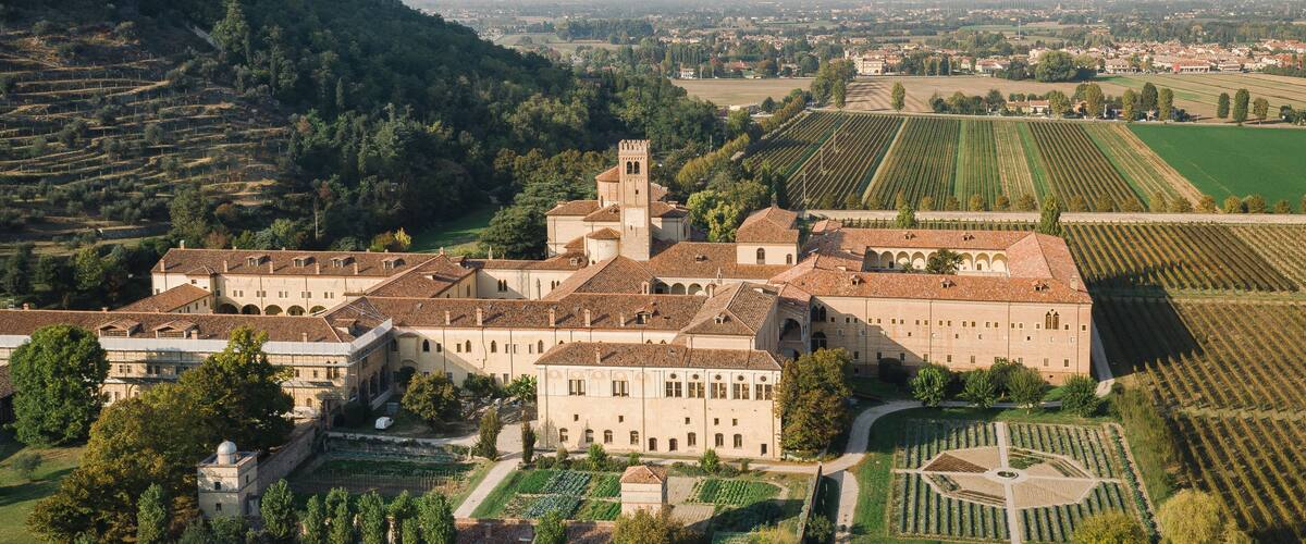 A large historic building complex with a prominent tower, surrounded by terraced vineyards and lush greenery.