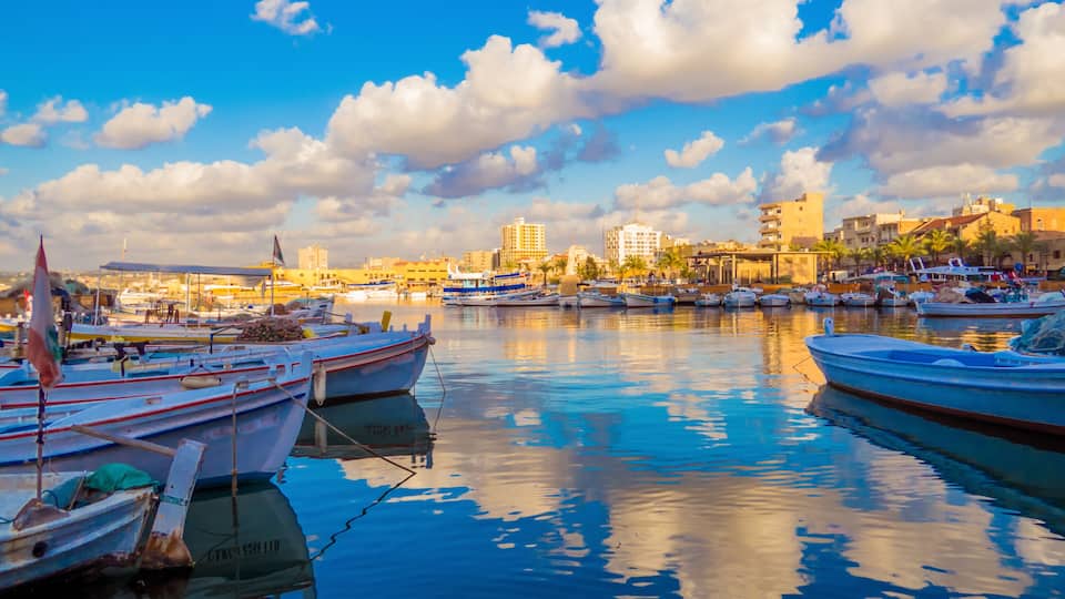 View of the port at sunset. In Tyre, Lebanon