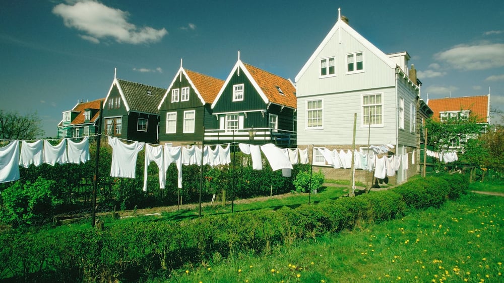 Clothes drying on a clothesline in front of houses, Marken, Netherlands