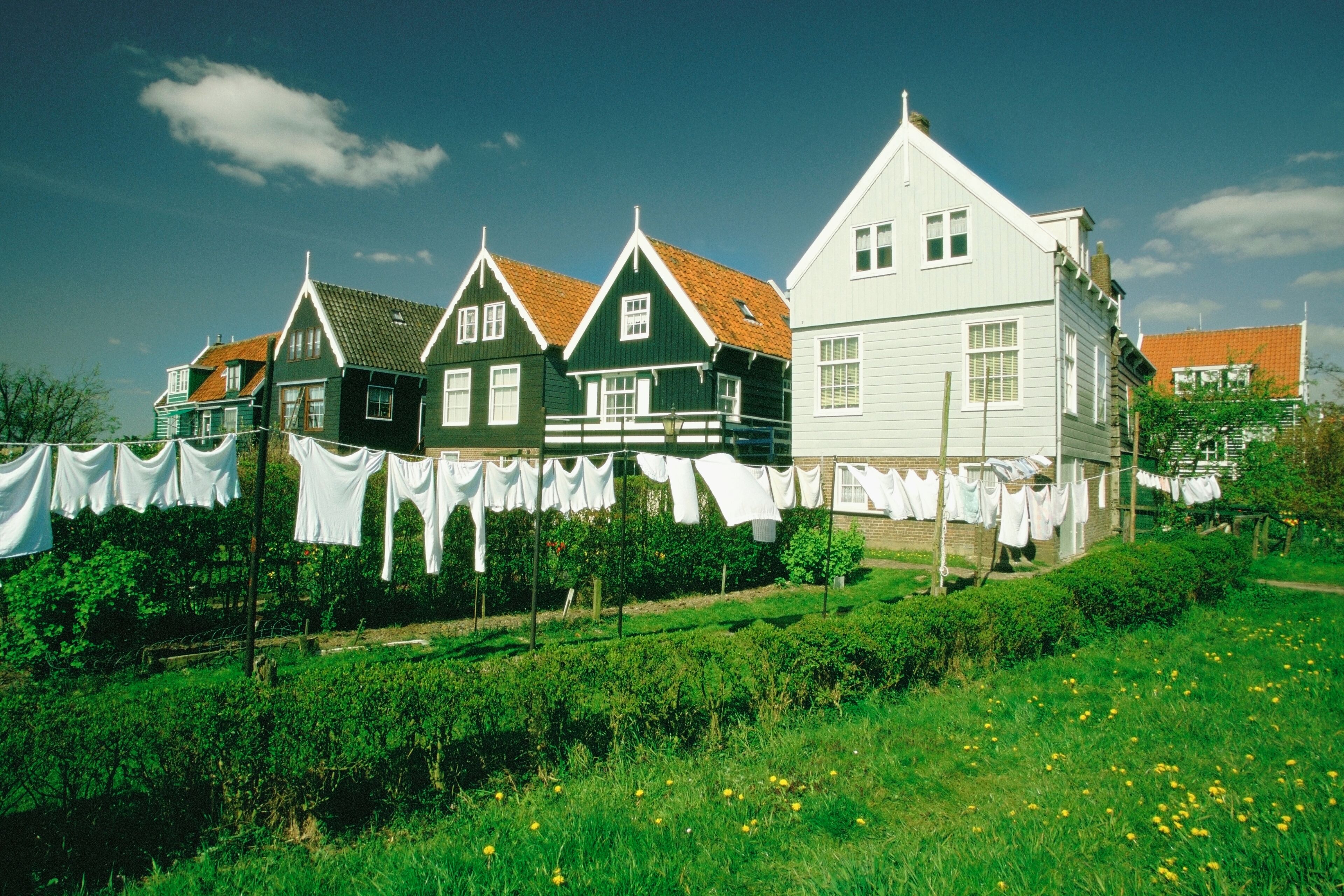 A row of colorful houses with laundry hanging on clotheslines in a lush green field.