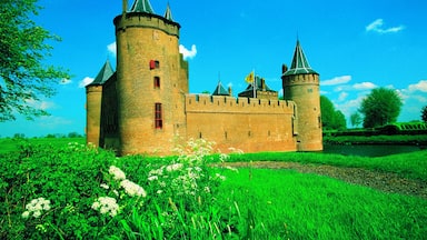 Un château médiéval doté de deux tours, entouré de champs verdoyants et sous un ciel d’un bleu limpide.
