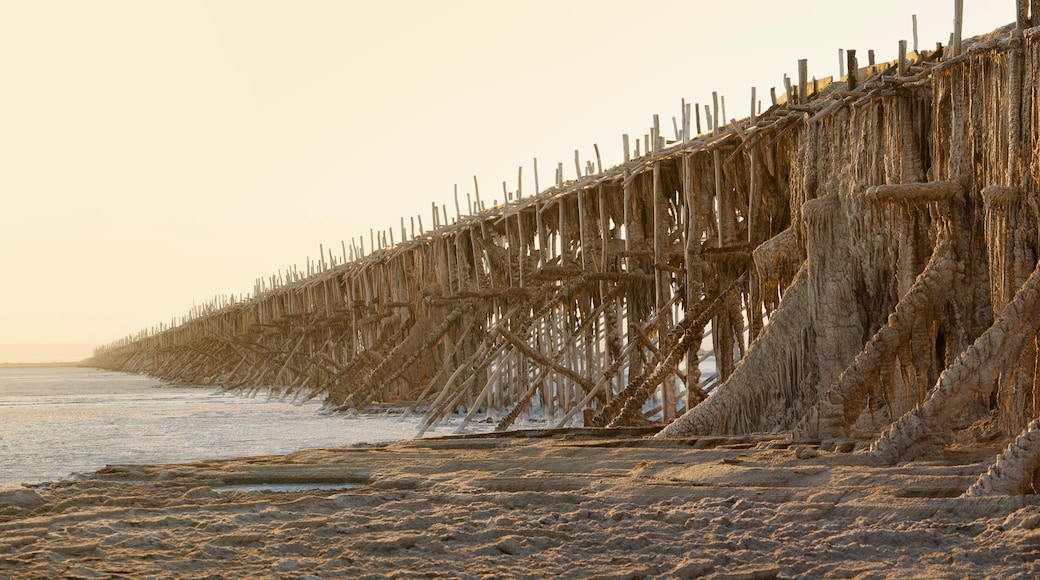 Une plage avec une jetĂ©e en bois dĂ©labrĂ©e qui sâavance dans lâeau.