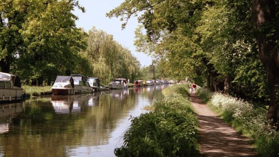 A narrow waterway lined with boats and a path through a wooded area.