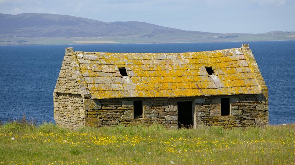 A stone house with a yellow roof, surrounded by a grassy field and the sea in the background.