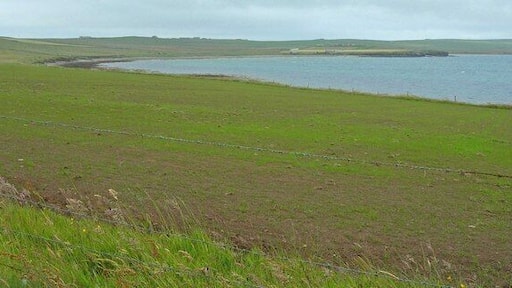 Fields above the east end of Veantro Bay, Shapinsay Photographer is near the northwest edge of the main road.